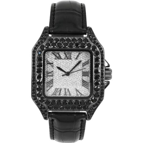 NEW Iced Out Black Leather Watch - Picture 2 of 5